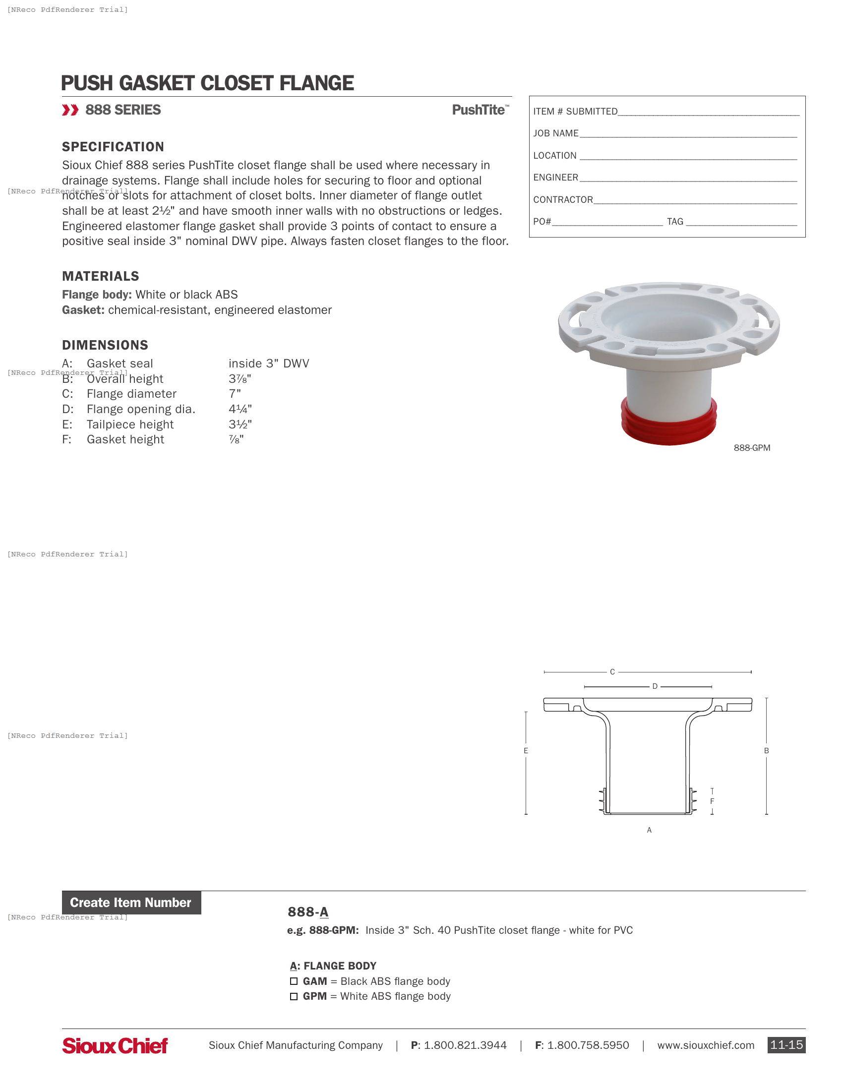 888 SERIES - PUSHTITE CLOSET FLANGE - SPEC SHEET.PDF Specification Document